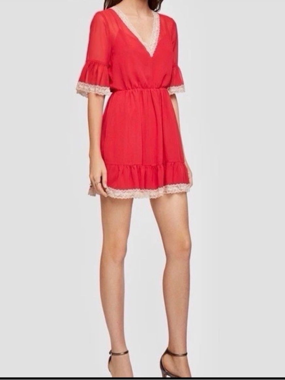 BCBG Red Sheer boho Mini Dress with Lace Trim and open back